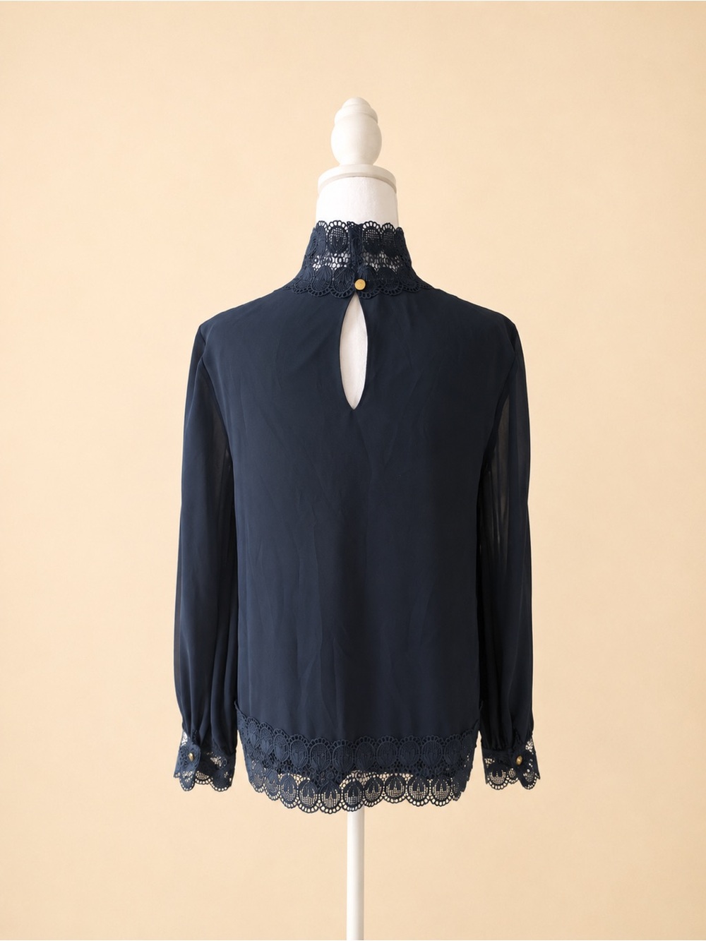 TED BAKER Lace-Yoke High Neck Blouse - Navy With Gold Button - Picture 2 of 11